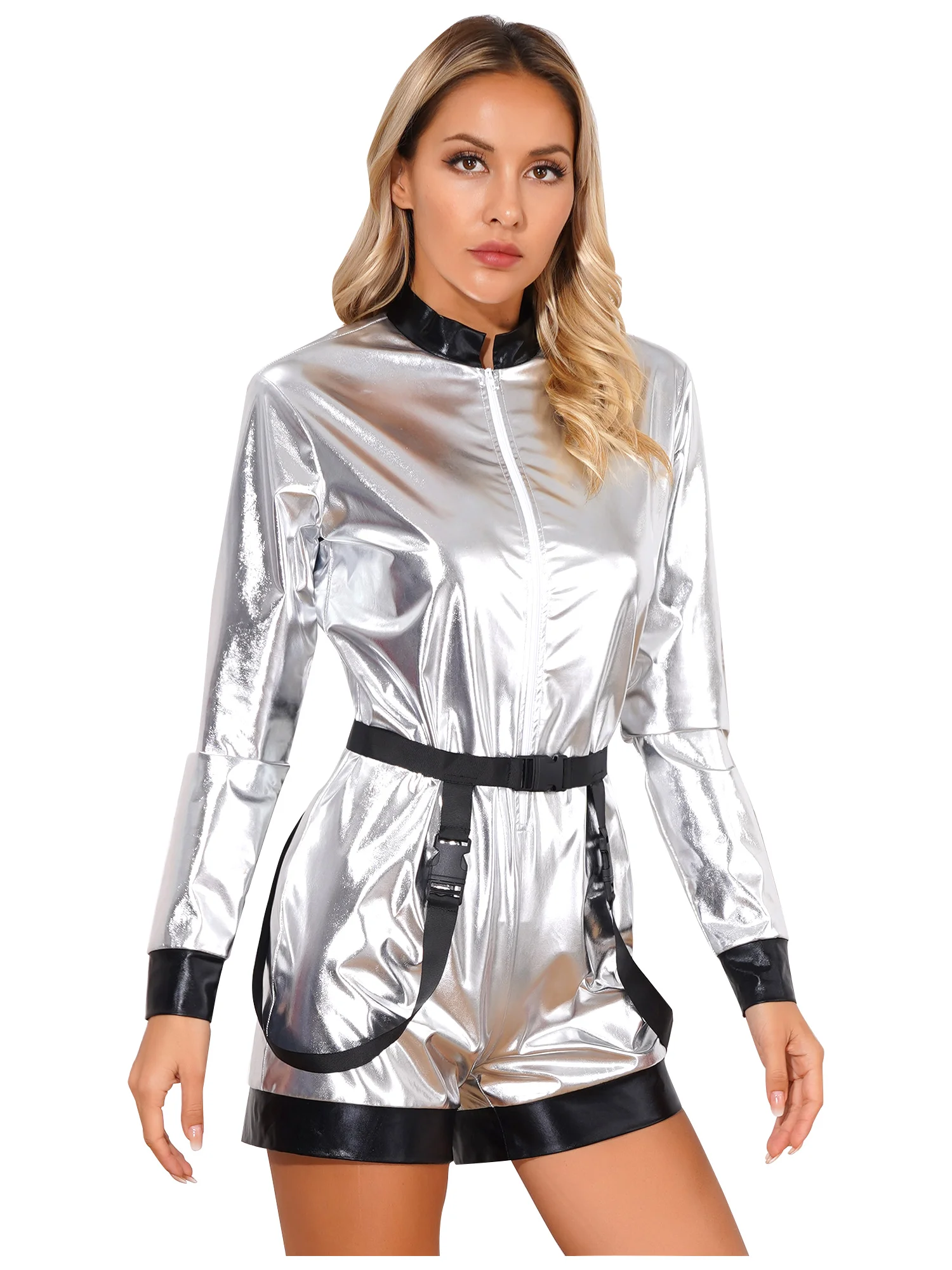 Women Halloween Astronaut Cosplay Bodysuit Long Sleeve Metallic Shiny Zipper Jumpsuit Theme Party Carnival Role Play Costume