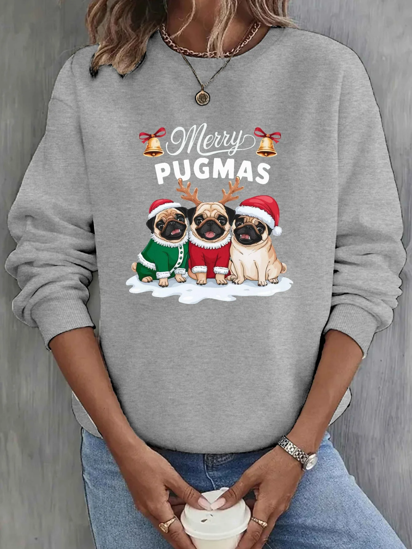 

1Pc Women's Merry Pugmas Pugs Graphic Print Sweatshirt - Casual Crew Neck Polyester Knit Fabric, Geometric Pattern, Fall/winter