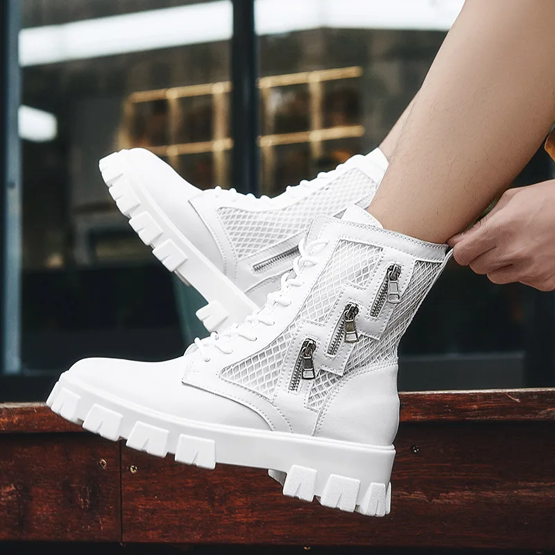 

Мужские модные ботинки на платформе в английском стиле, брендовые дизайнерские черно-белые туфли в стиле панк-рок, ковбойские ботильоны с воздушной сеткой, челси botas