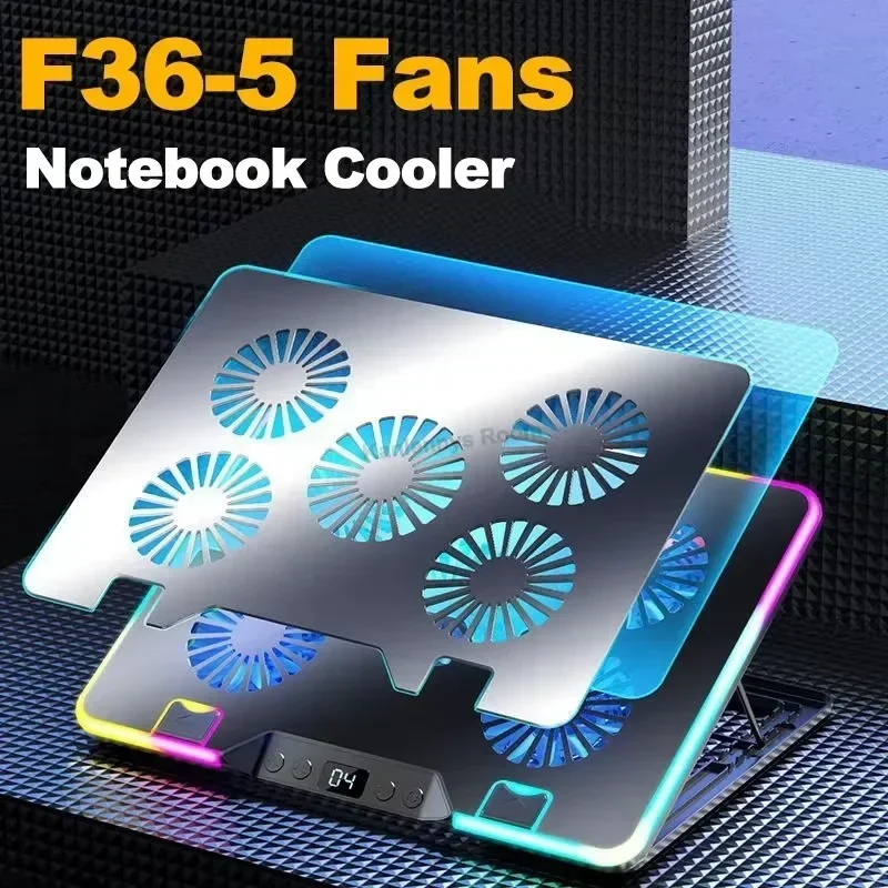 F36 Gaming Laptop Cooling Pad W/ 5 Fans & 2 USB LED Screen Laptop Notebook Cooler Stand for 11-17.3'' 7 Angle Adjustable Bracket