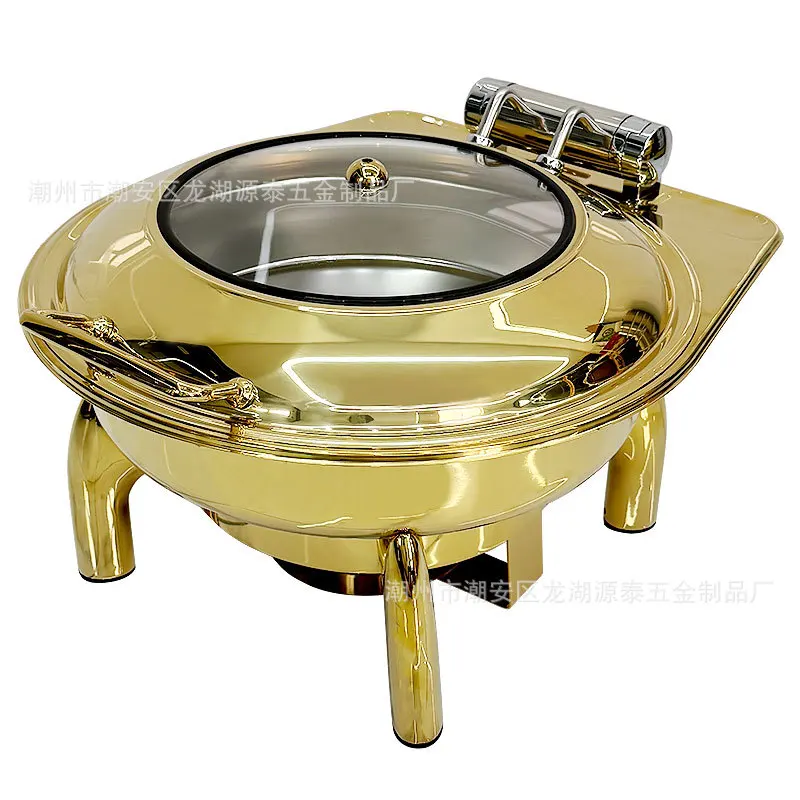 

Трансграничная отельная золотая буфетная печь из нержавеющей стали с видимой откидной крышкой, свадебный банкет, ресторан, горячий горшок, натирающее блюдо