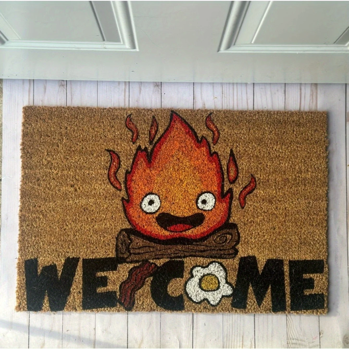 Anime Welcome Doormat, Cartoon Flame Pattern, Cute-Polyester, Machine Washable Entrance Mat for Entry, Kitchen-Winter Home Decor