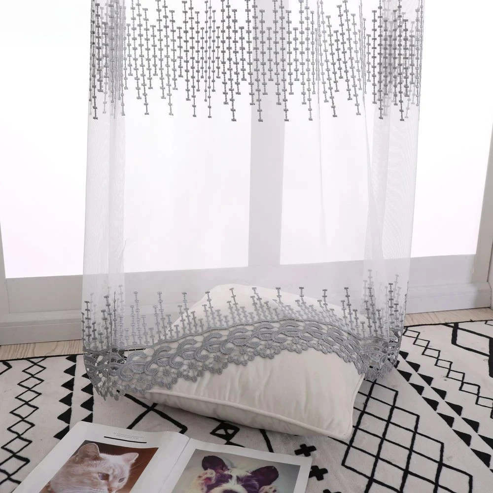 Custom Scalloped European Style Floral Embroidery Voile Tulle Transparent Curtains High Quality for Living Room Bedroom