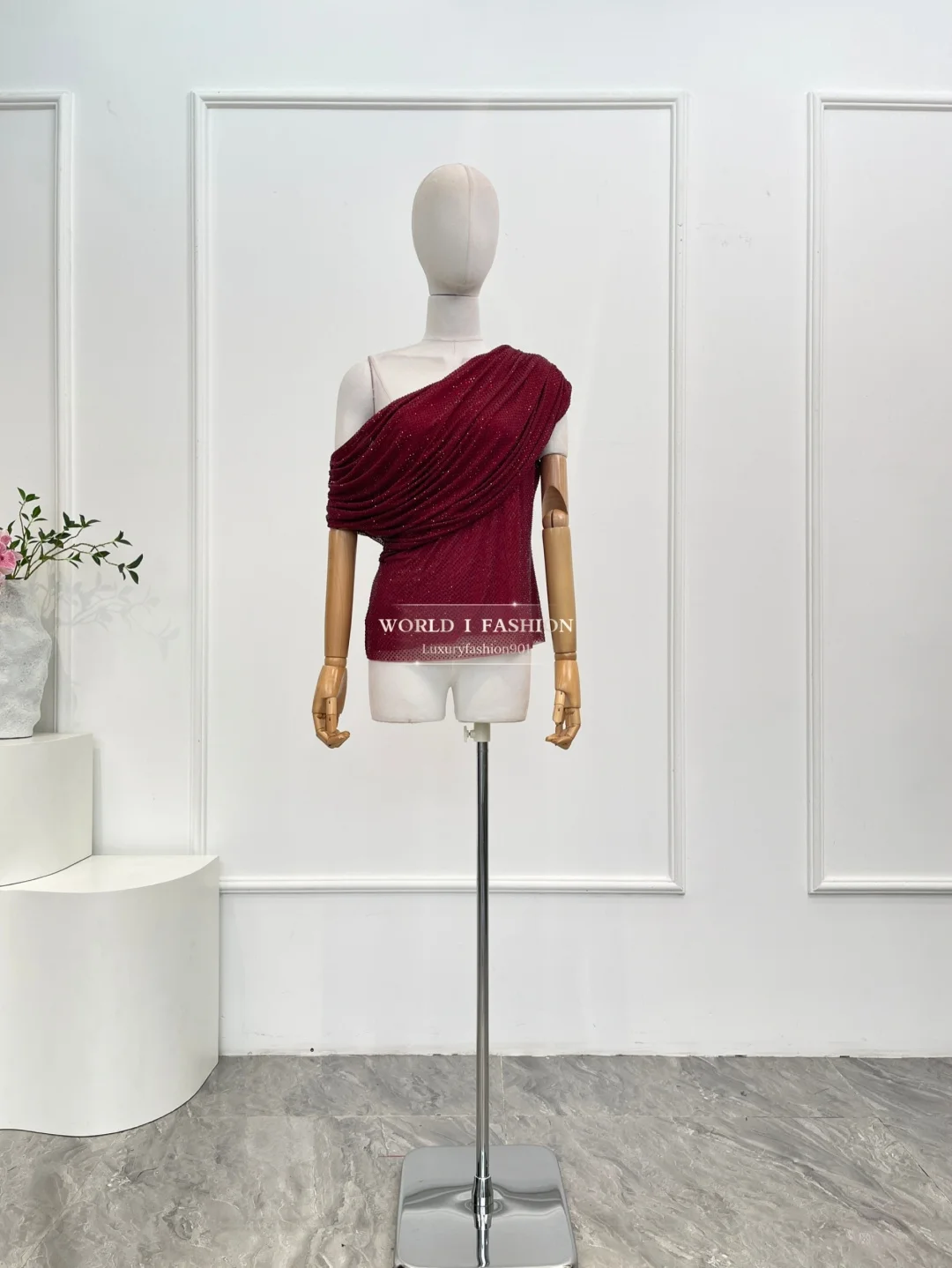 Mujer otoño 2025 nuevo rojo manga corta diamantes prensado blusa Tops