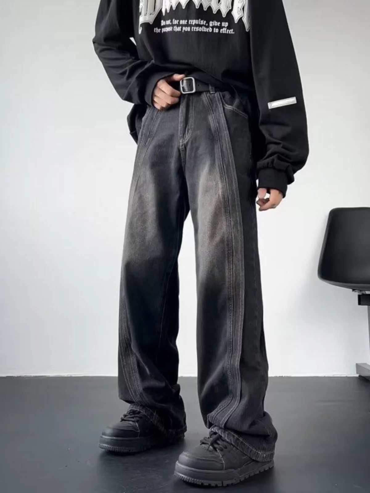 

Graduated Washed Loose Straight Leg Men's Jeans mid Waist Long Trousers Youth Trend Wear Resistant Cotton 100% Spring Autumn