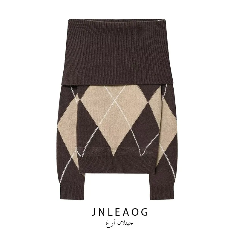 

Faionable Diamond Pattern Knitted Tube Top Women's Sweater Autumn New Sle JNLEAOG Versatile Sli Polyester Fiber