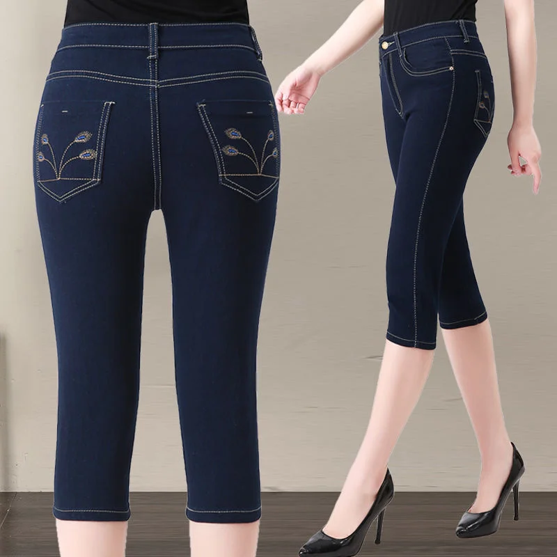 

Fashion Denim Capri For Women High Waist Skinny Jeans Woman Tight Elasticity Stretch Straight Calf-Length Pants Summer Breeches