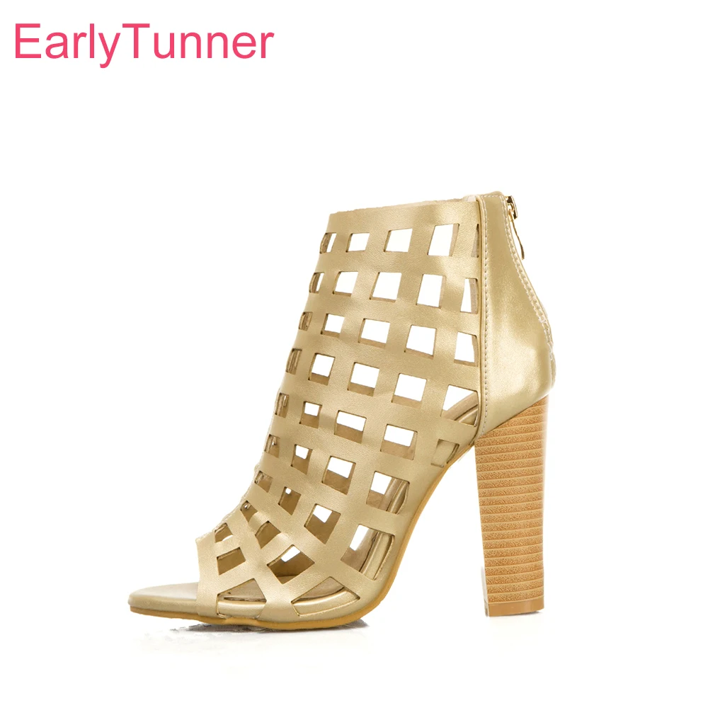 

New Summer Mature Gold Silver Women Sandals Sexy Cut out High Block Heels Lady Shoes Plus Small Big Size 33 43 47 50