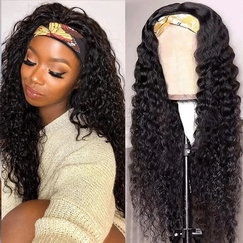 

200% парик с повязкой на голову, человеческие волосы, глубокая волна, полный машинный парик с глубокими вьющимися волосами, 30 34 дюйма, парики из человеческих волос для женщин