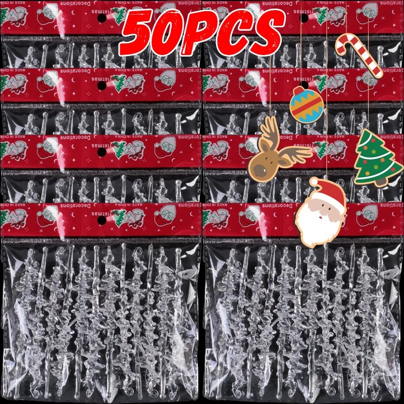 5/50pcs Acrylic Icicle Ornament Transparent Christmas Tree Pendant Drop Ornament Snow Ice Cone Threaded Festival Party Supplies