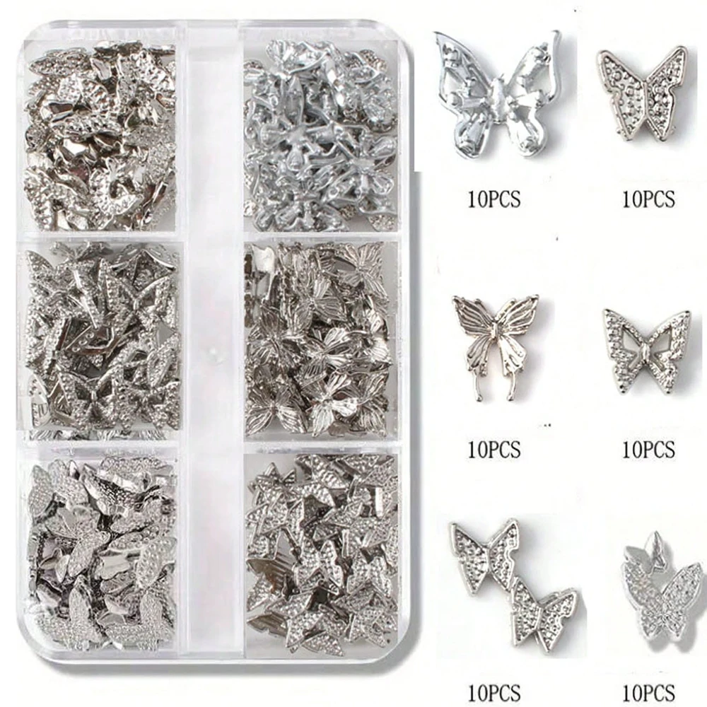 60pcs/box Silver 3D Hollow Butterfly Nail Charms Alloyed Metal Texture Y2k Glitter Metal Diamond Nail Art Jewelry Decoration