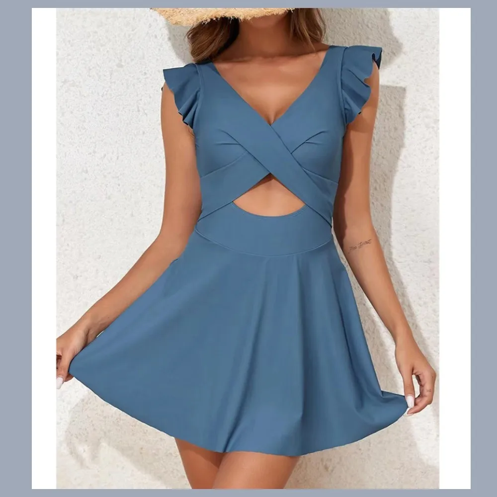 Women Swimwear Swimsuit Ruffle Cross Back White Flared Skirt Mini Length Bathing Suit Woman Women's Side Cutout