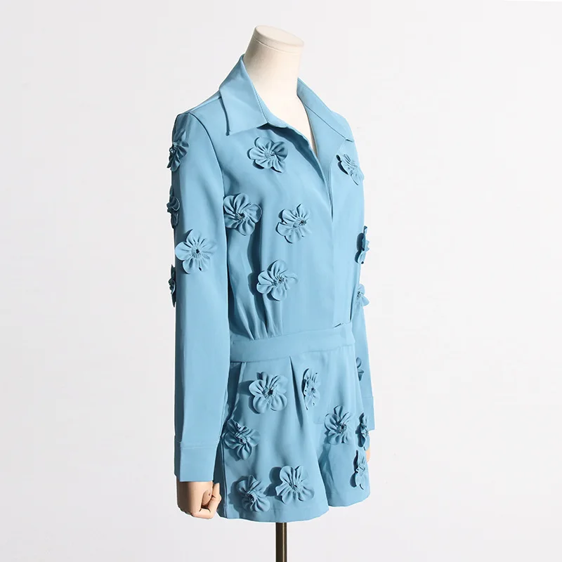 2024 Spring New Fashionable Elegant Three-Dimensional Flower Design Tight Waist Slimming Jumpsuit Long Sleeve Solid Color Shorts