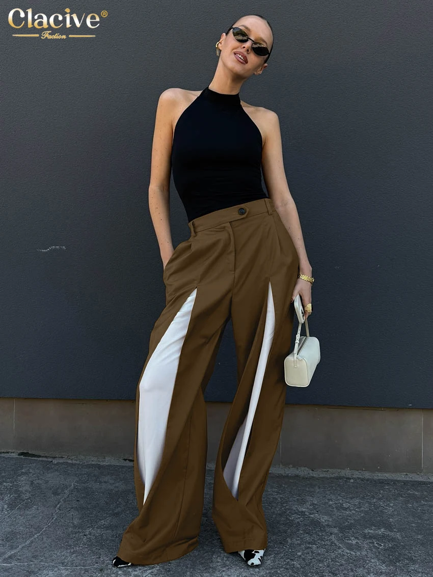 Clacive Fashion Loose Brown Women's Pants 2025 Vintage High Waist Wide Trousers Elegant Classic Patchwrok Pants Female Clothing