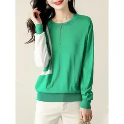 Spring Autumn New Fashion Round Neck Long Sleeve Printing Patchwork Pullovers Women's Clothing All-match Knitting Simplicity Top