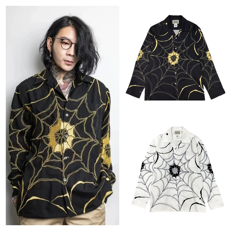 

24ss New Spider Web Print WACKO MARIA Long Sleeve Shirt Fashion White Black Mens Womens High Quality Hawaii Shirt Tops