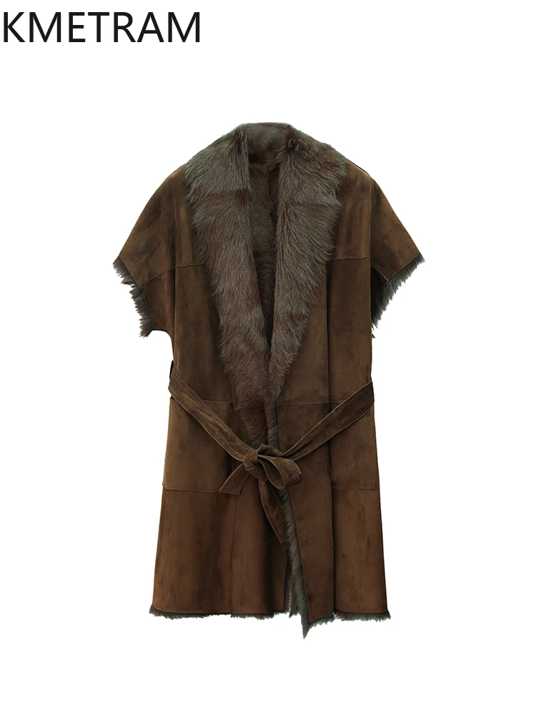 سترة من صوف الغنم الطبيعي من توسكانا مزدوجة الوجه للنساء بأكمام قصيرة معطف فرو حقيقي سترة شتوية من الجلد ملابس نسائية 2025