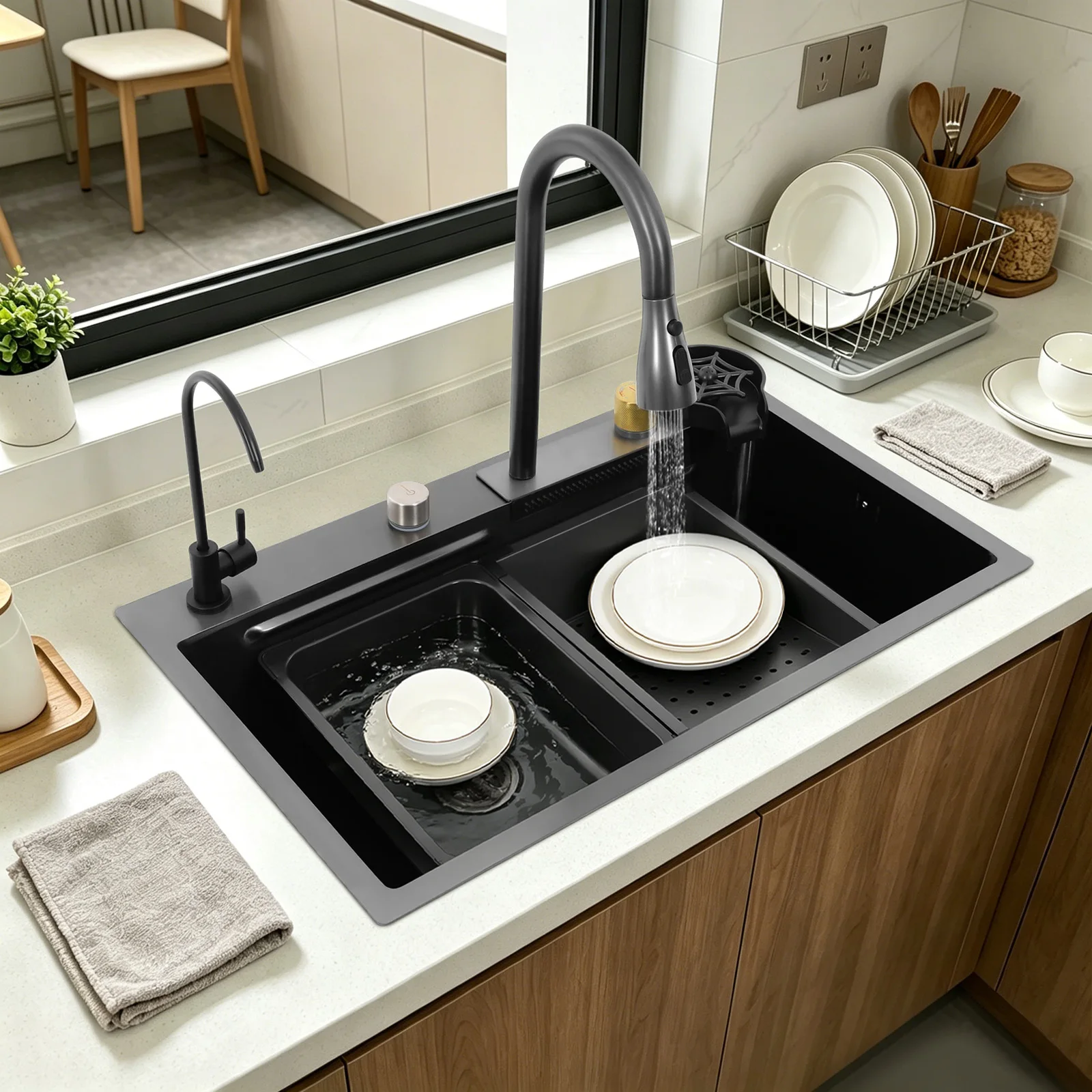 Set lavello da cucina per uso domestico, dimensioni 75*45*21 cm, modello da incasso o a parete, con rubinetto estraibile, vasca integrata, cestello per lo scarico, tagliere, lavabo per bicchieri,
