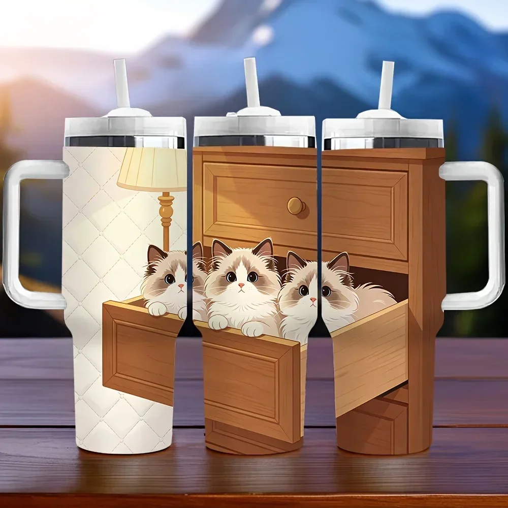 40Oz Insulated Tumbler with Handle, Cute Ragdoll Cats Peeking from Drawer Print, Perfect Holiday Birthday Gift for Cat Lovers, Long-Lasting Heat Preservation for Daily And Outdoor Use