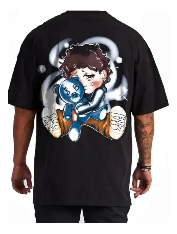 Men's Sad Boy Cartoon Teddy Bear Graphic Vintage Washed T-Shirt, Oversized Cotton Streetwear Tee