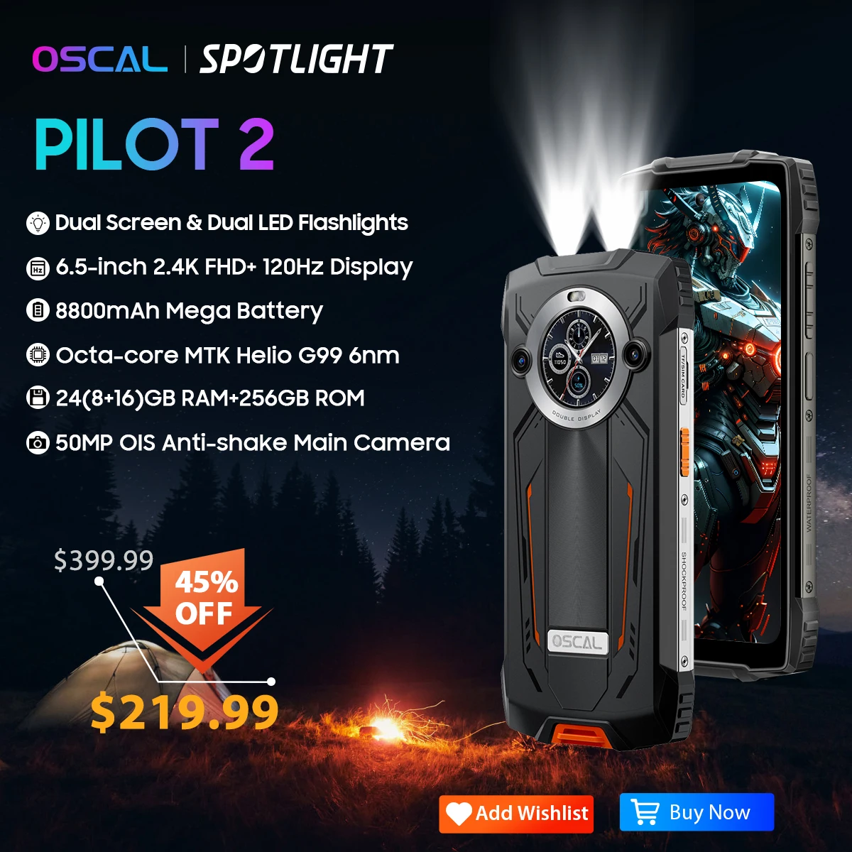 OSCAL PILOT 2 견고한 스마트폰, Helio G99, 6.5 인치, 120Hz, 8GB, 256GB, 듀얼 LED 손전등, 8800mAh, 월드 프리미어