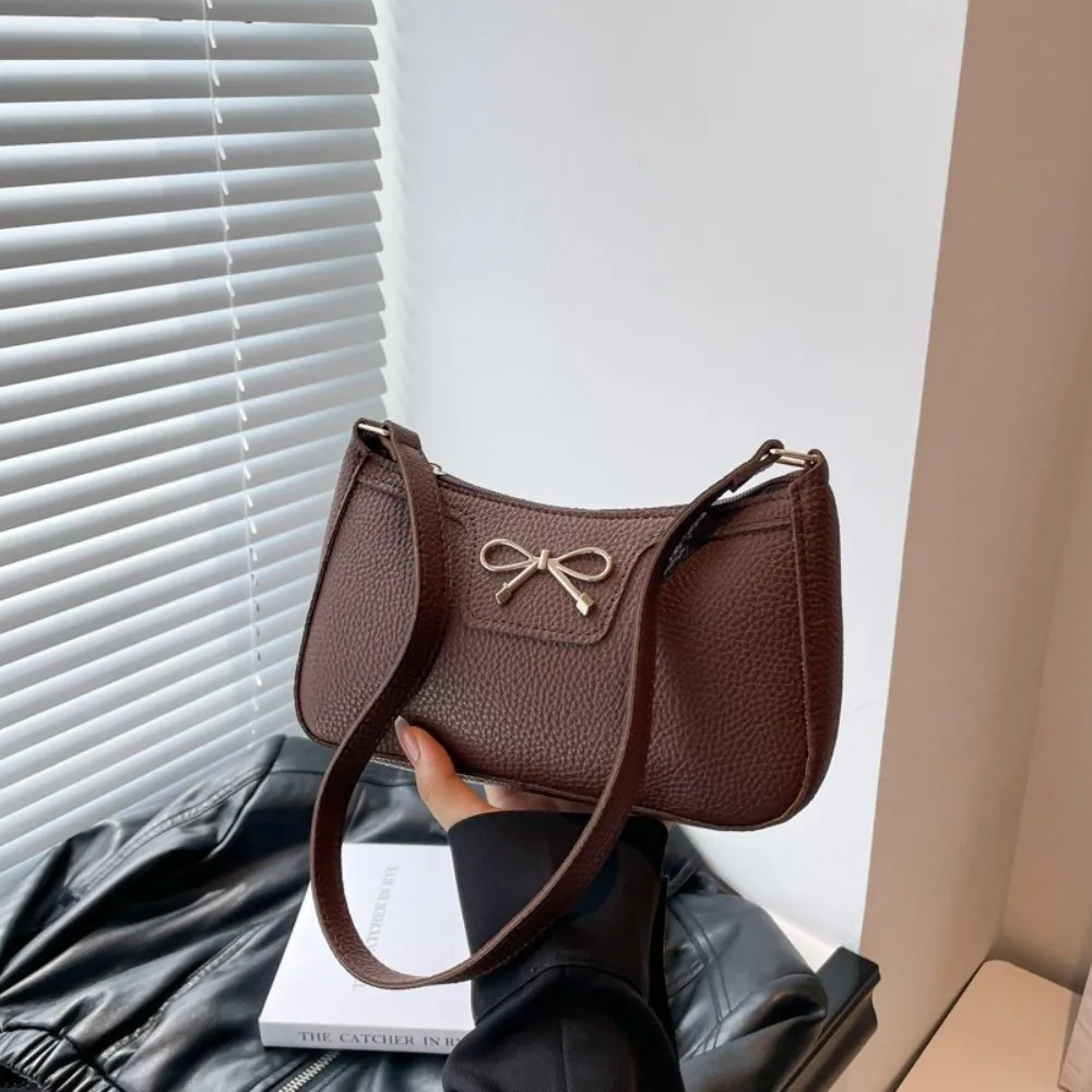 Fashion PU Leather Tote Bag Versatile Bow Design Underarm Shoulder Bag Zipper Closure Handbag Daily Use