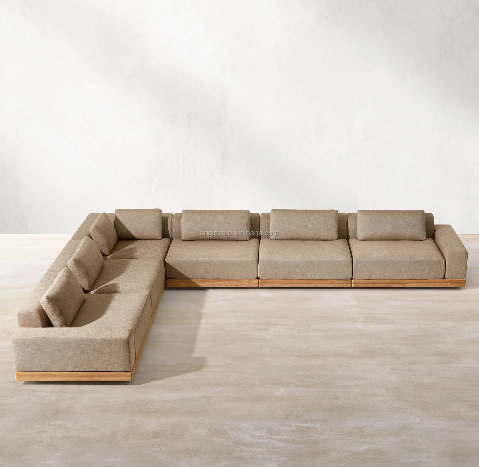 

-Роскошный дизайн садовой мебели, деревенский мягкий L-образный модульный комбинированный угловой диван из тикового дерева