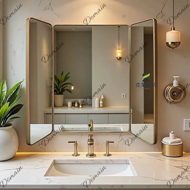 French Luxury Gold Bathroom Mirror Foldable Triple Vanity Makeup Mirror for Bedroom
