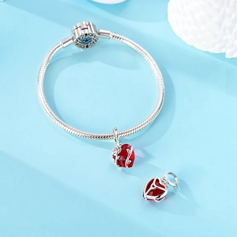 925 Sterling Silver Charms Pendant CZ Zircon Red Love Rose Pendant Dangle Fit Original Bracelet DIY Women Jewelry Gift - view 2