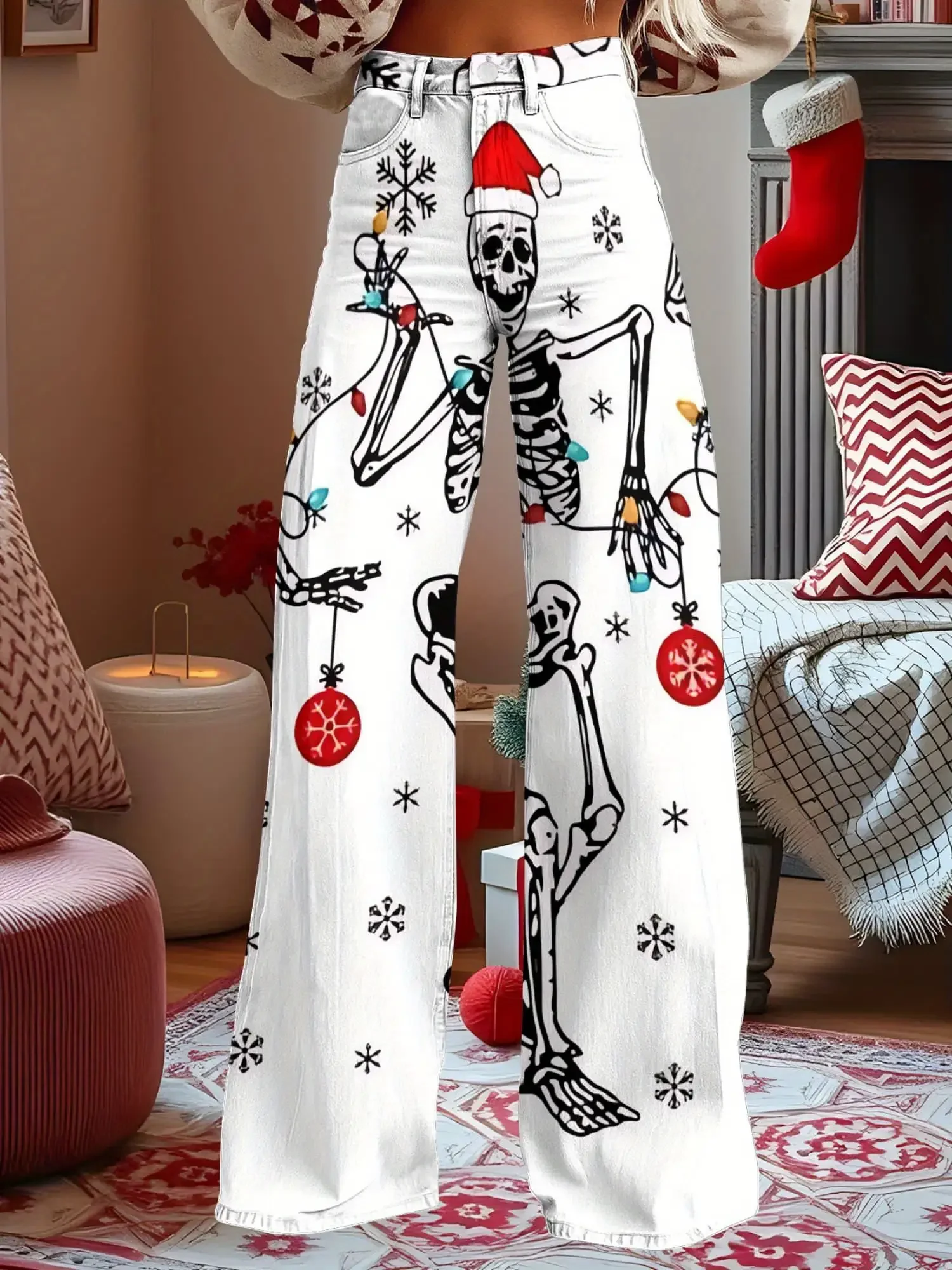 2026 New Christmas Women's Denim Jeans - Casual, Fashionable, Comfortable, Full printed Christmas element patterns
