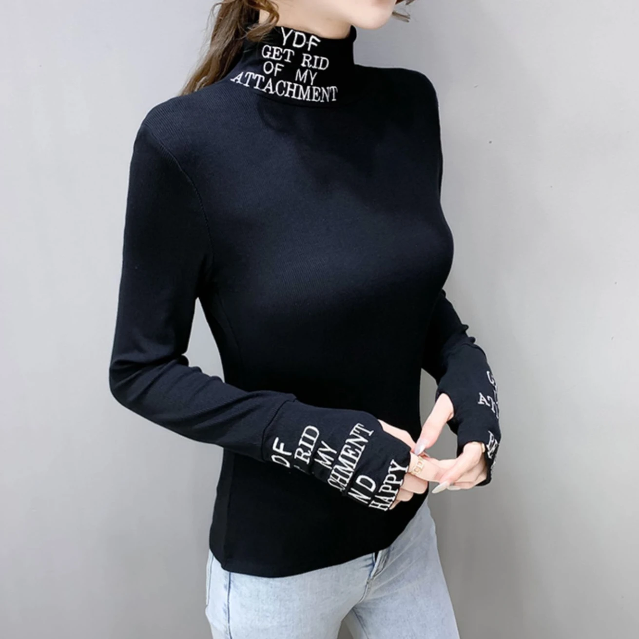 Turtleneck T-shirts Women Basic Casual Tops Letter Printing Tender Plus Velvet Autumn Sexy Seductive Корейская Мода Female Daily