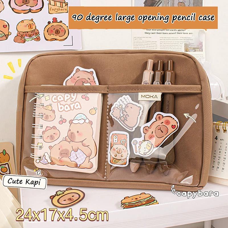 Gran capacidad Kawaii Capybara bolsa de papelería separada de múltiples capas, estuche de lápices, bolsa de cosméticos, suministros de oficina escolar