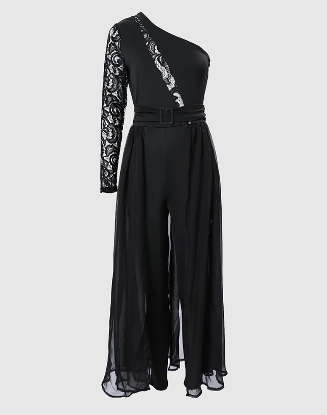 Women's Jumpsuit Elegant Sexy Contrast Lace Skew Collar One Shoulder Sheer Mesh Overlay Long Sleeve High Waist Skinny Jumpsuit