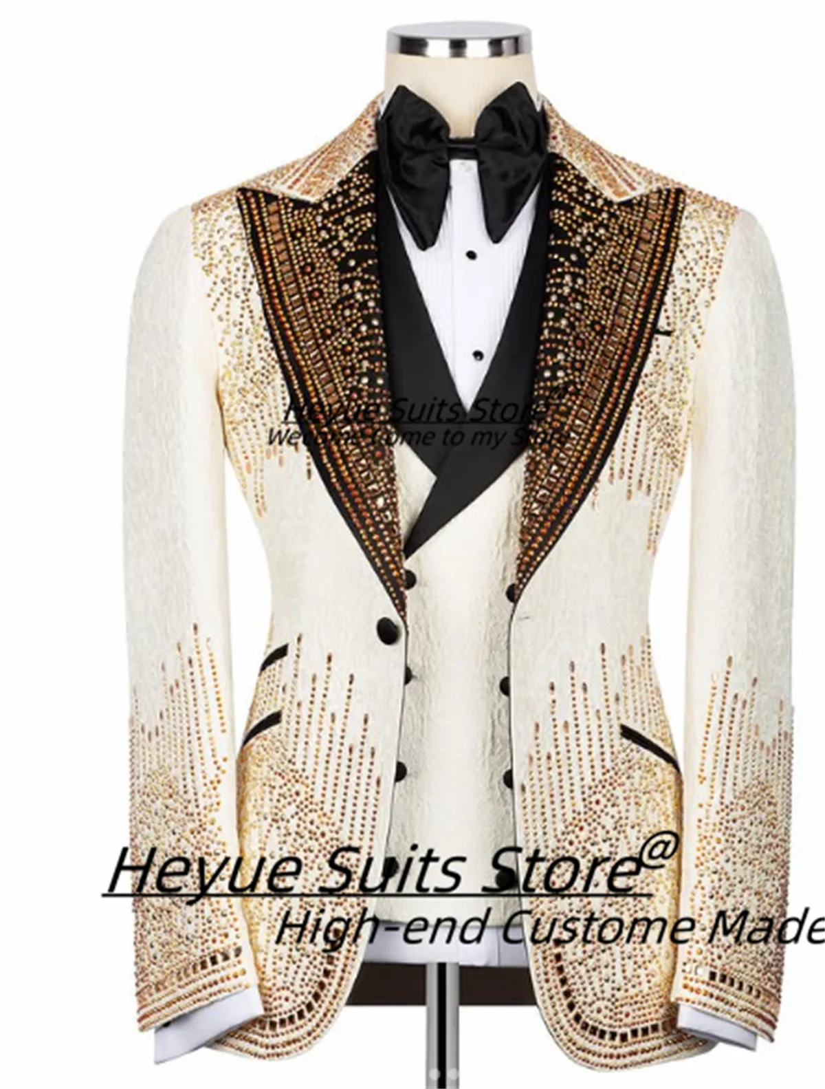 

French style Shiny Beadwork Men Suits Slim Fit Peak Lapel Groom Wedding Tuxedos Male Prom Blaers 3Pieces Sets trajes para hombre