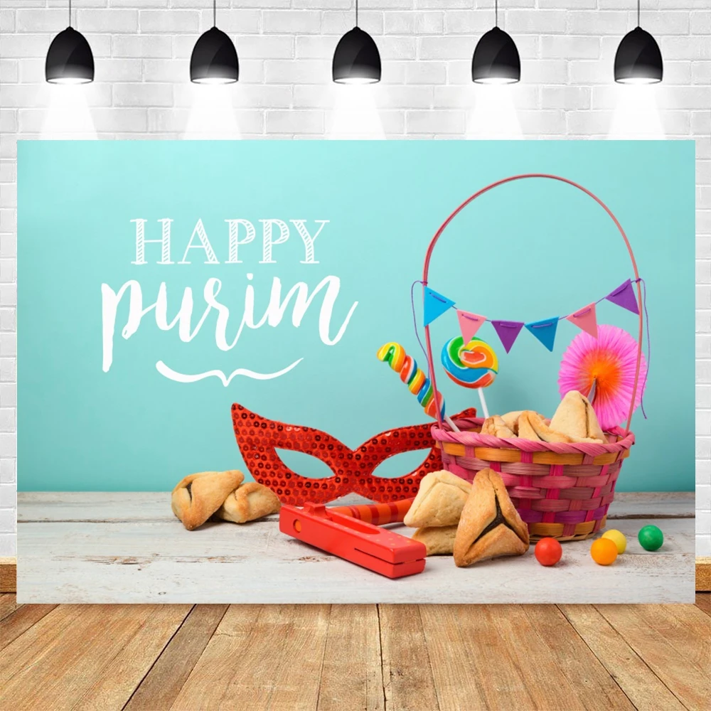 Cartoon Happy Purim Backdrop Jewish Holiday Decor Purim Celebration Banner Carnival Mask Hamans Ears Blue Photography Background