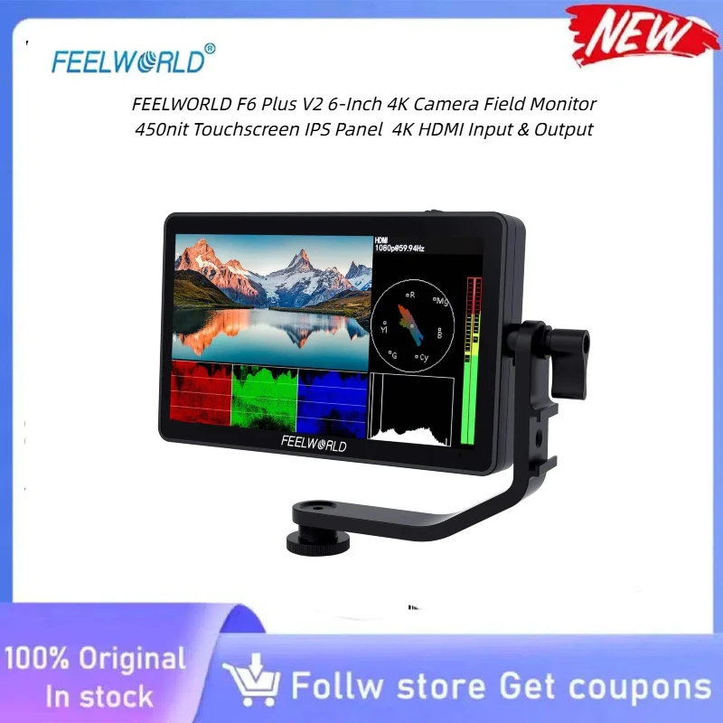 FEELWORLD F6 Plus V2 Lightweight Touchscreen Camera Monitor 4K HDMI In 450nit Sun Visor For Interview Vlog Mobile Video