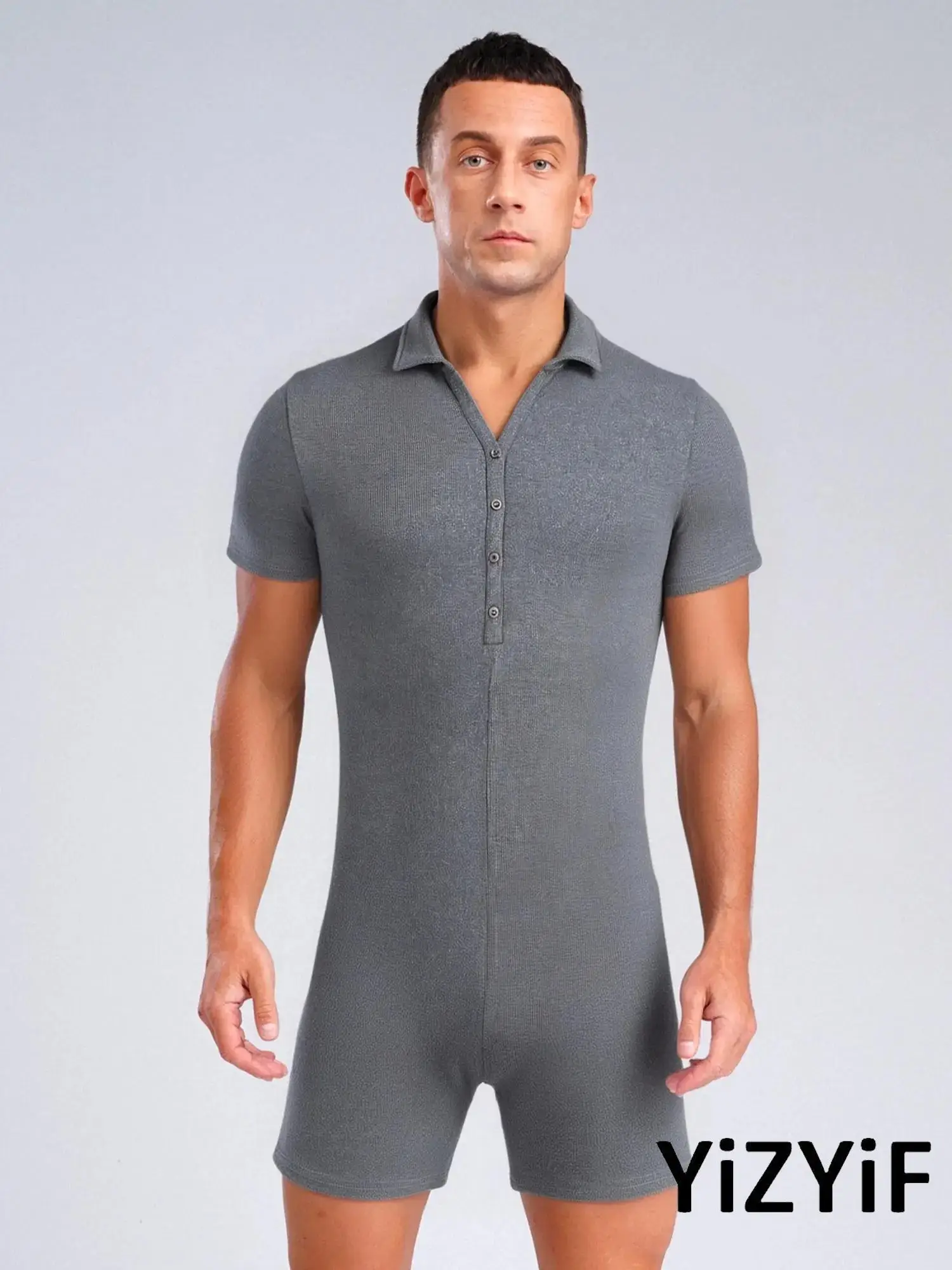 

MenCasual Wear Bodysuit Short Sleeve Full Body Shaper Workout Singlet Turn-down Collar Boyleg Button Up Jumpsuit Sleepwear