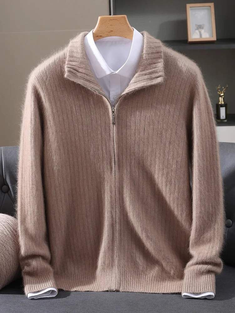 

TLOML Men 100% Mink Cashmere Sweater Mock Neck Zipper Solid Cardigan Autumn Winter Soft Warm Cashmere Knitwear Comfy Thick Coat