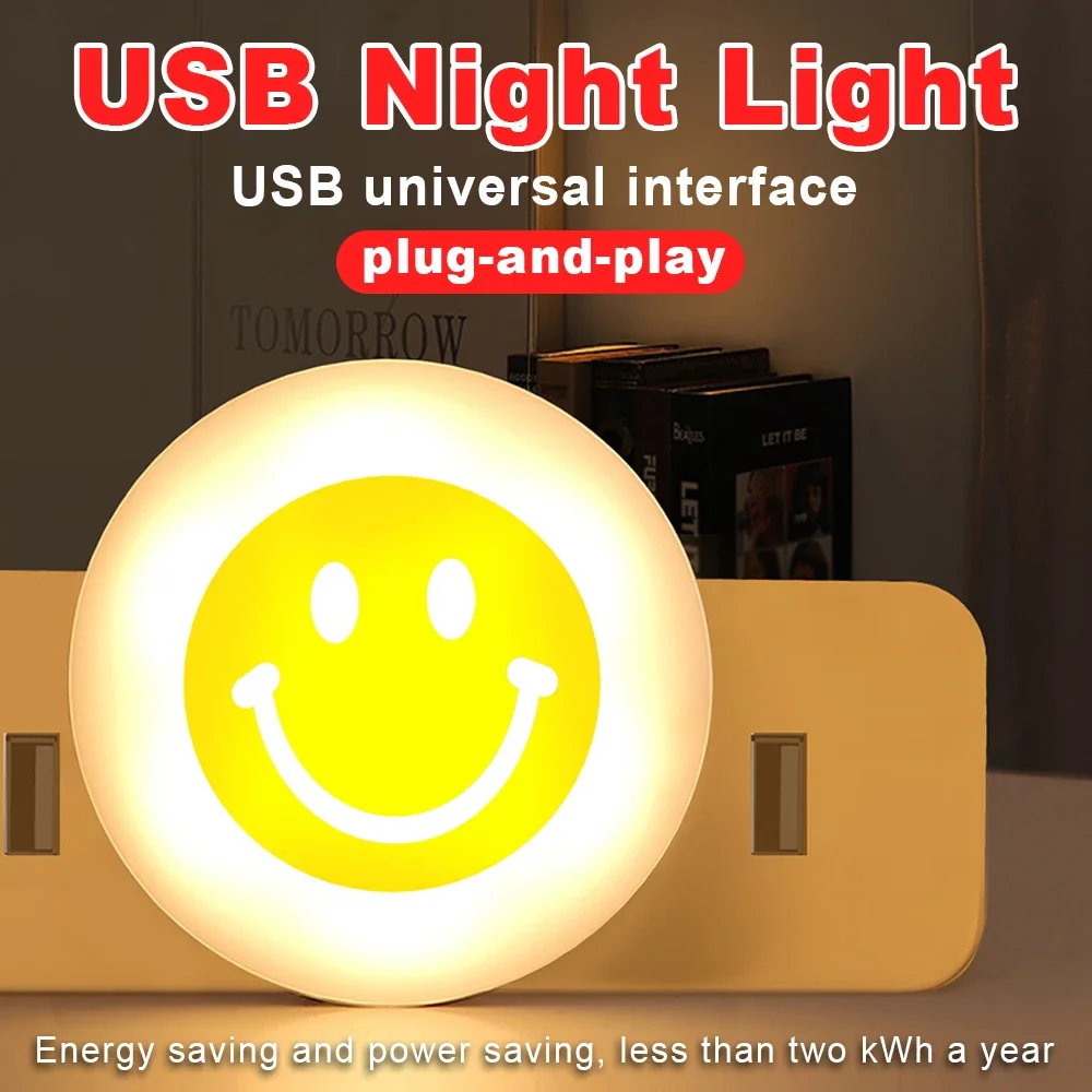 Warm Light Mini USB Night Light Smile Face Lamp Portable Round Energy&Power Saving Deco Lamp Home Outdoor Camping Children Gifts