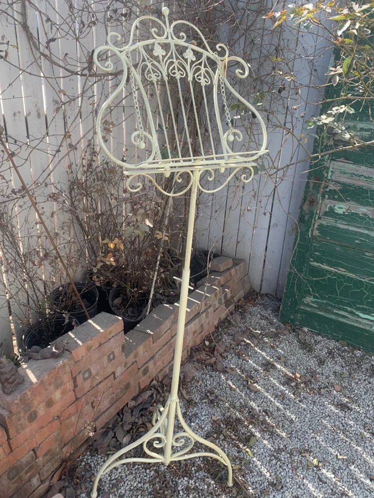 Vintage Elegance Adjustable Height White Metal Floor Cookbook Music Stand with Scrolled Design