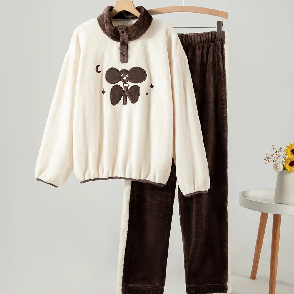 

Autumn Winter New Women's 2Pcs Pajamas Set Homewear Thicken Warm Flannel Sleepwear Trouser Pijamas Suit Loose Casual Loungewear