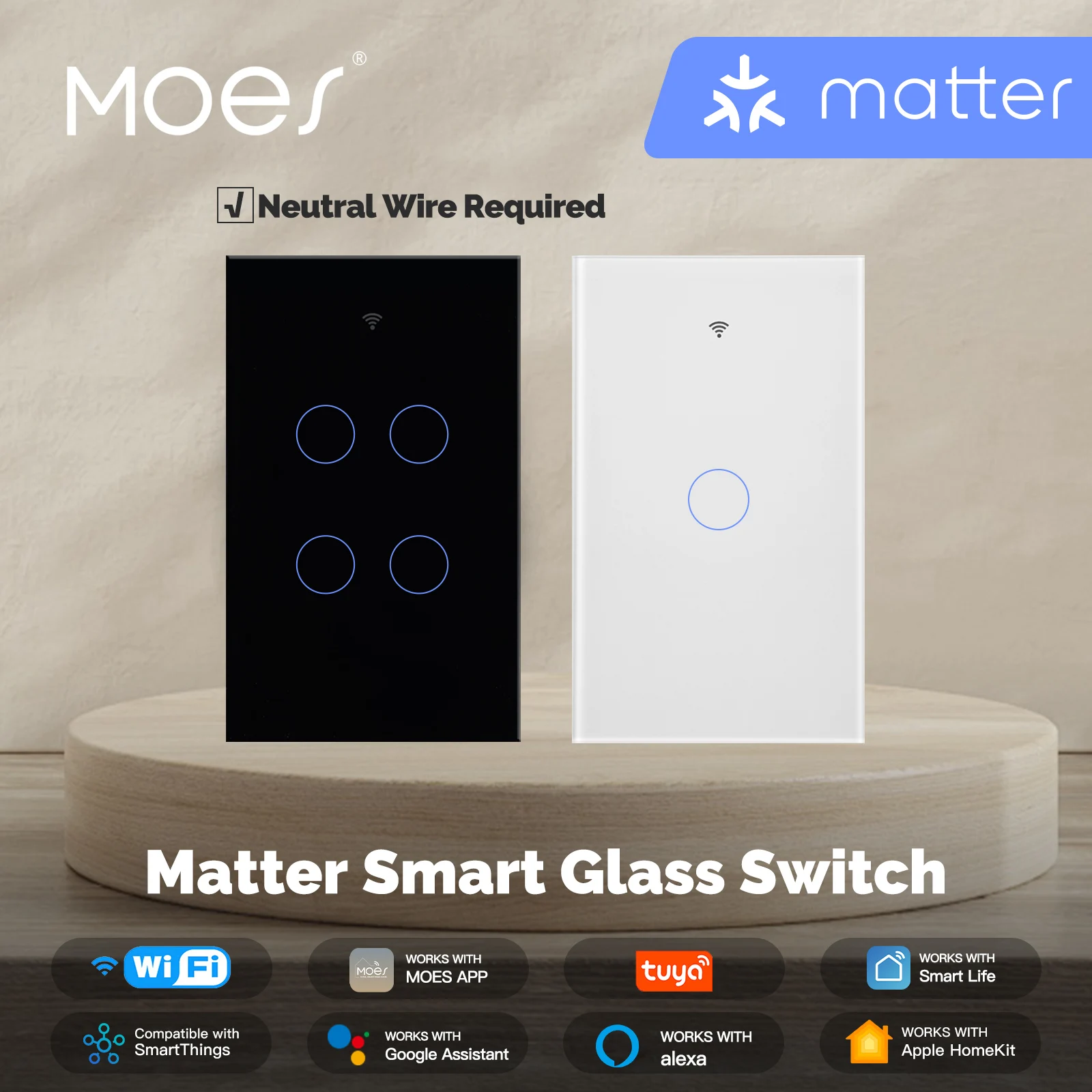 

MOES Tuya WiFi Matter Smart Light Switch, US Glass Touch, Fireproof, Neutral Wire Required, Alexa Google Home HomeKit Compatible