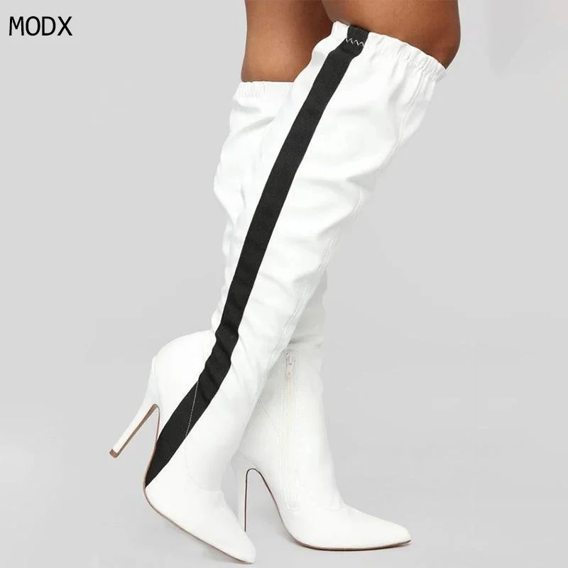 

2026 Women Black And White Mixed Colors Patchwork Knee High Boots Pointed Toe Slip On Matte Leather Thin Heels Tall Boots 44