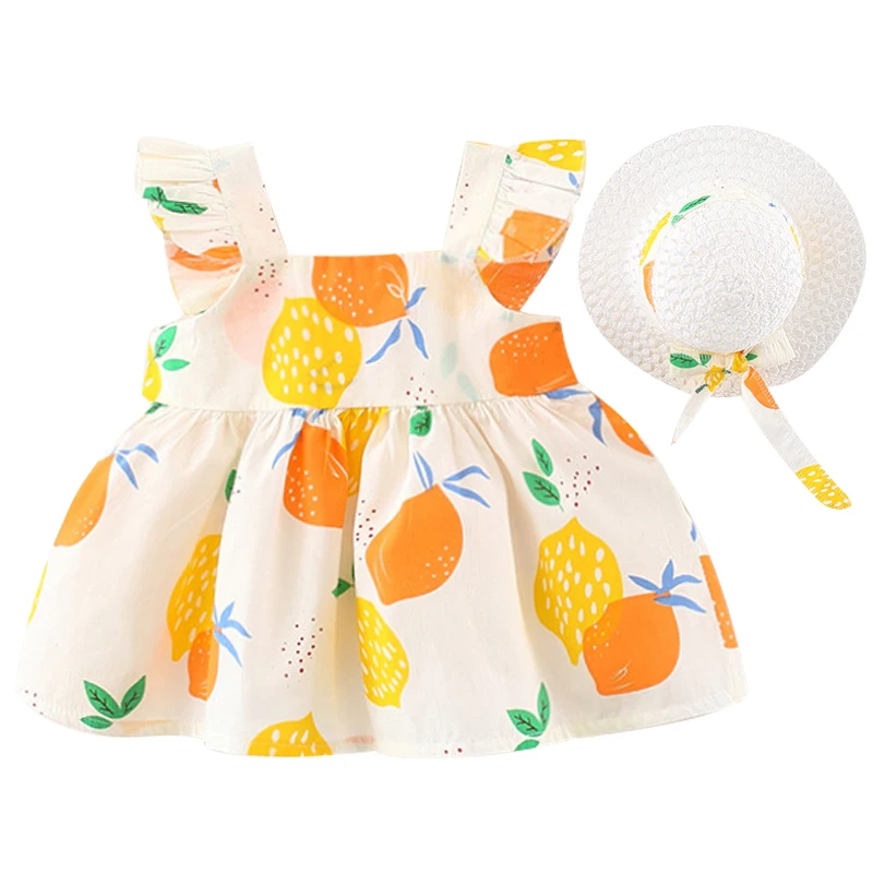 

2Piece Summer Outfit For Baby Clothes Toddler Girls Dresses Korean Fashion Lemon Cotton Sleeveless Beach Kids Dress+Sunhat BC534