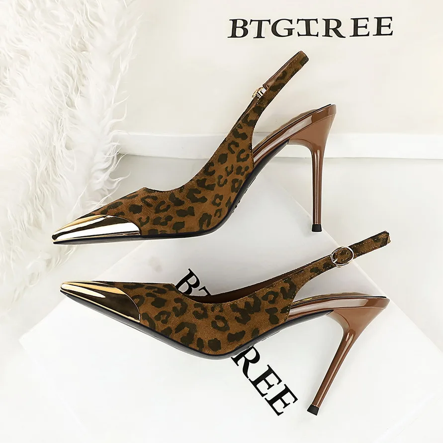 

New Women 9.5 cm Heels Metal pointed tip Women Pumps Hollow out hook strap High heeled Sandals Women Summer Shoes Plus Size 43