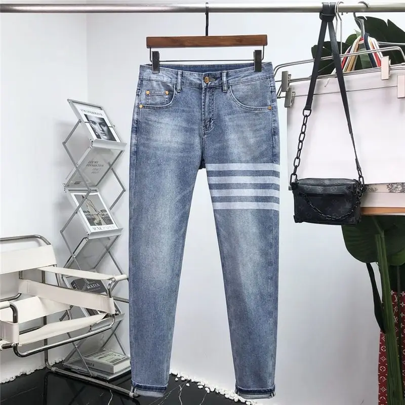 

Europe Station 2022 Spring Autumn New TB Thin Jeans Four Bars Slim Small Straight Feet Washing Casual Pants Streetwear Men