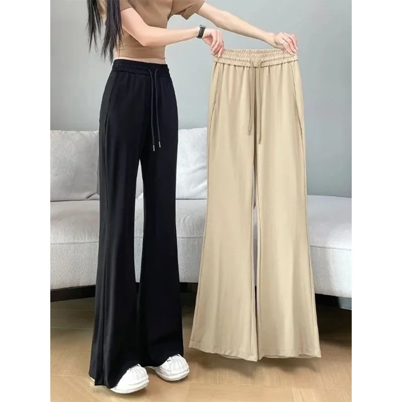 

plus Size Casual Wide Leg Pants High Waist Belted Micro Flared Women's 300 Pou Fat MM Autumn Versatile Elastic Waist Pants