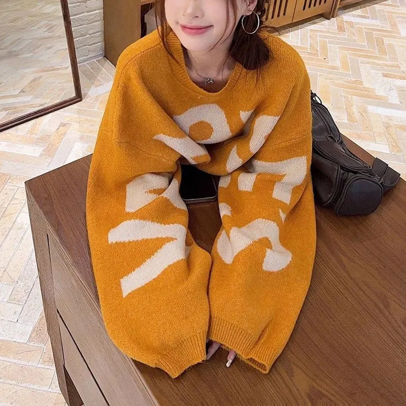 Women's Clothing Letter Short Pullovers Knitted Vintage Loose Autumn Winter Basic Round Neck Korean Casual Long Sleeve Sweaters