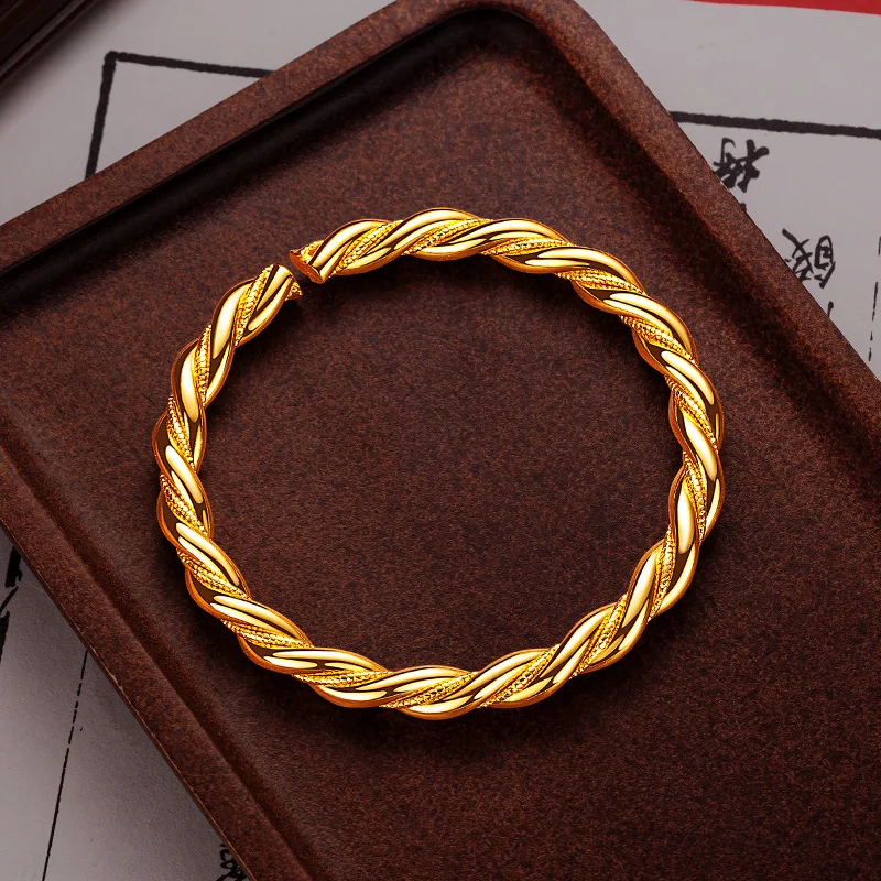 24K real gold Classic simple twist plain loop open bracelet au9999 Gold twine bracelet for women