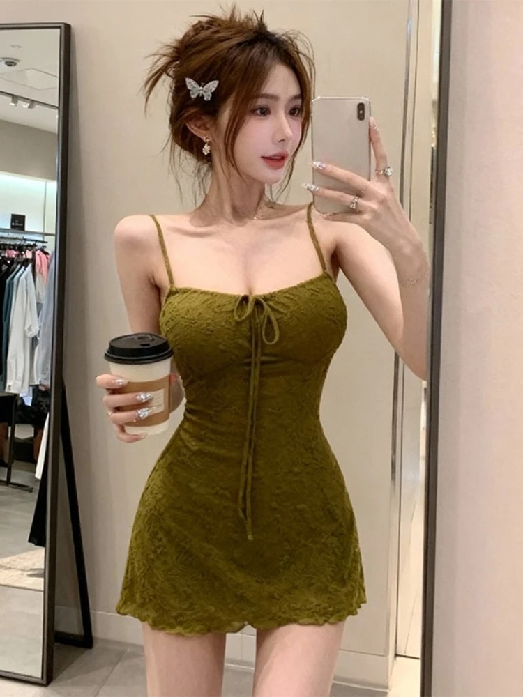 Y2k Aesthetic Lace Flower ​Sexy Slip Dress Women Vintage Harajuku Drawstring Mini Dresses Streetwear Streetwear ​Grunge Vestidos